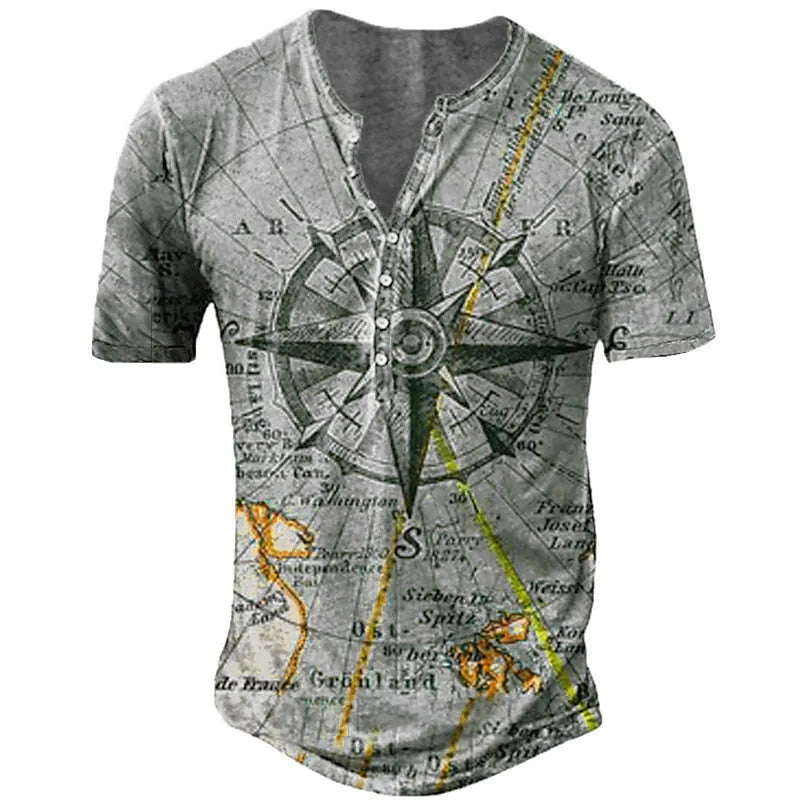 Vintage Navigation Compass T Shirt Short Sleeve V-neck Button Henley Shirt For Men Oversized Tops Tee Shirt Man Punk Streetwear