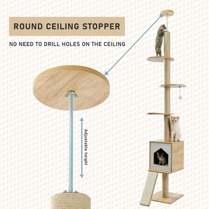 Modern Cat Climbing Tower with a Scratcher Multi-layer Floor-to-Ceiling Cat Tree with Condo Scratching Post Toy 260cm Beige