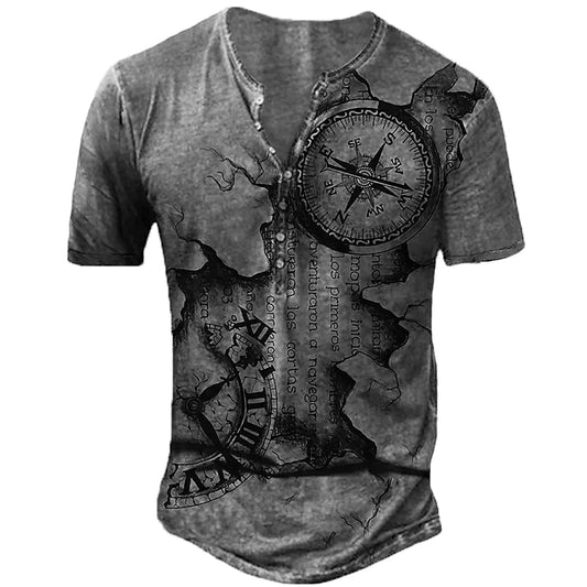 Vintage Navigation Compass T Shirt Short Sleeve V-neck Button Henley Shirt For Men Oversized Tops Tee Shirt Man Punk Streetwear